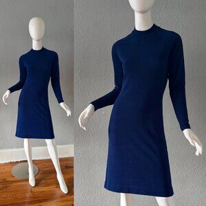 Vintage 60s Navy Blue Mod Dacron Knit Mock Neck Long Sleeve Dress M
